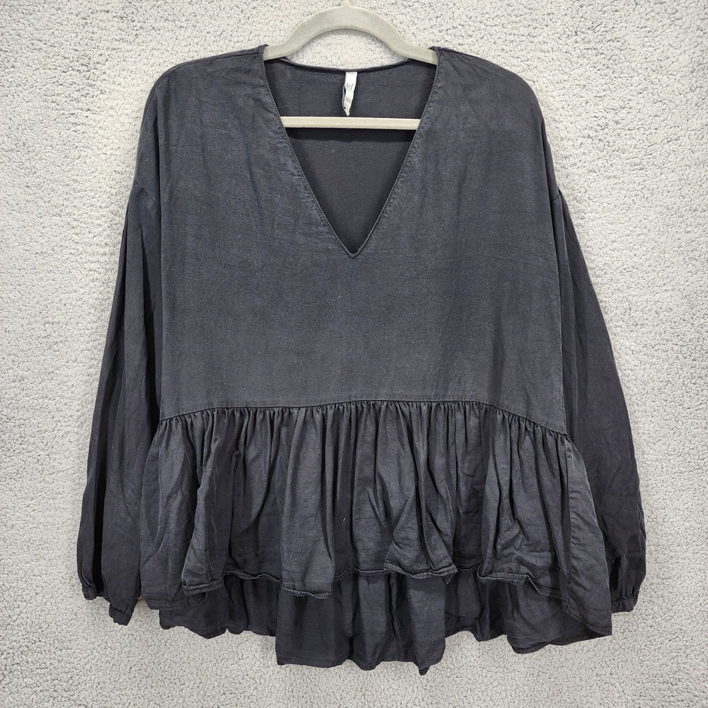 Zara TRF Womens Charcoal Grey Lyocell V-Neck Tiered Peplum Babydoll Top Small